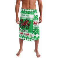 Green patterned lavalava with dragon, Cymru print and personalized text band
