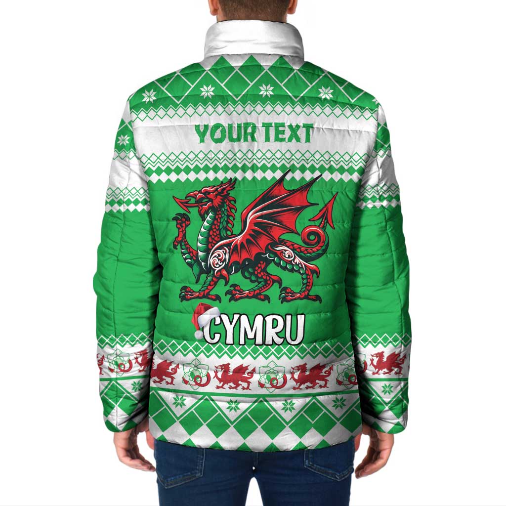 Green padded zip jacket, back print with dragon and 'YOUR TEXT' above 'CYMRU'