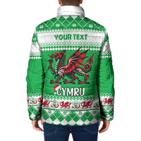 Green padded zip jacket, back print with dragon and 'YOUR TEXT' above 'CYMRU'