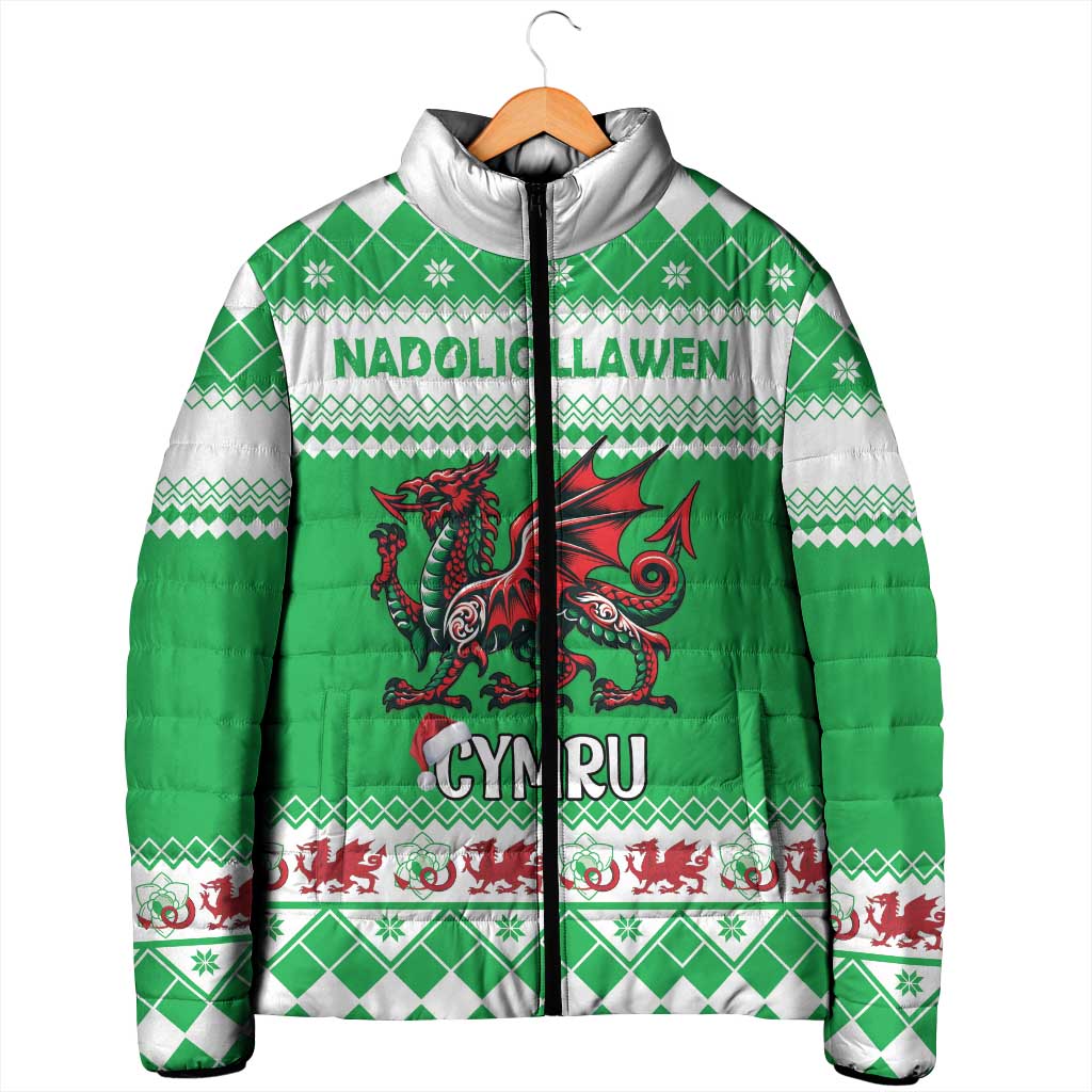 Green padded zip jacket with silver hood, dragon center panel and diamond knit trim