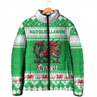 Green padded zip jacket with silver hood, dragon center panel and diamond knit trim