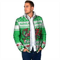 Green padded zip jacket with dragon front graphic and festive white border