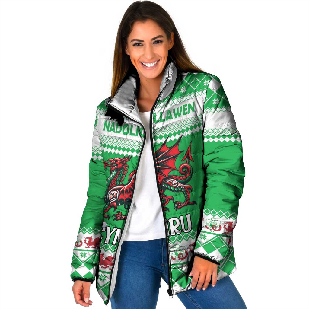 Green padded zip jacket, silver-lined hood, dragon print and patterned cuffs