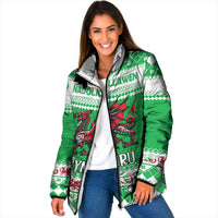 Green padded zip jacket, silver-lined hood, dragon print and patterned cuffs