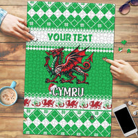 Green Wales Christmas dragon jigsaw puzzle with red dragon and CYMRU text