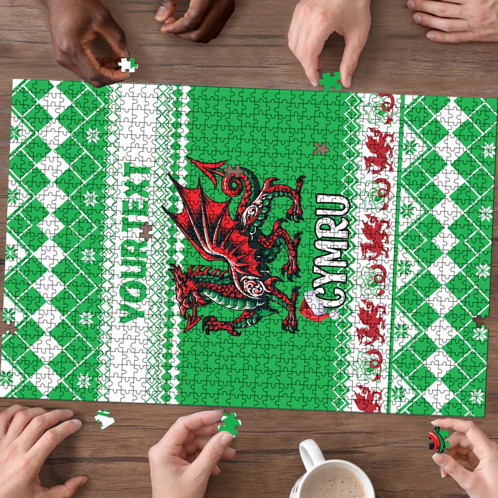 Green jigsaw puzzle in progress with red dragon, patterned border, and hands