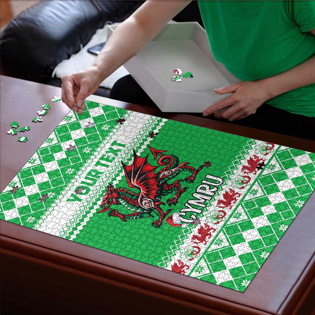Green Wales dragon Christmas jigsaw puzzle with partial assembly and scattered pieces