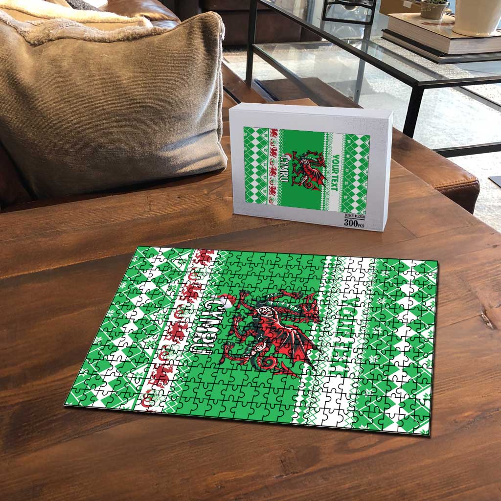 Green dragon jigsaw puzzle on coffee table with box showing 300 pieces