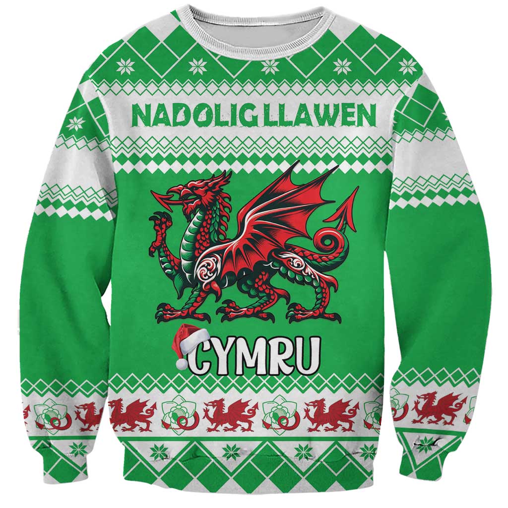 Personalized Wales Christmas Dragon Sweatshirt Nadolig Llawen Green Version - Wonder Print Shop