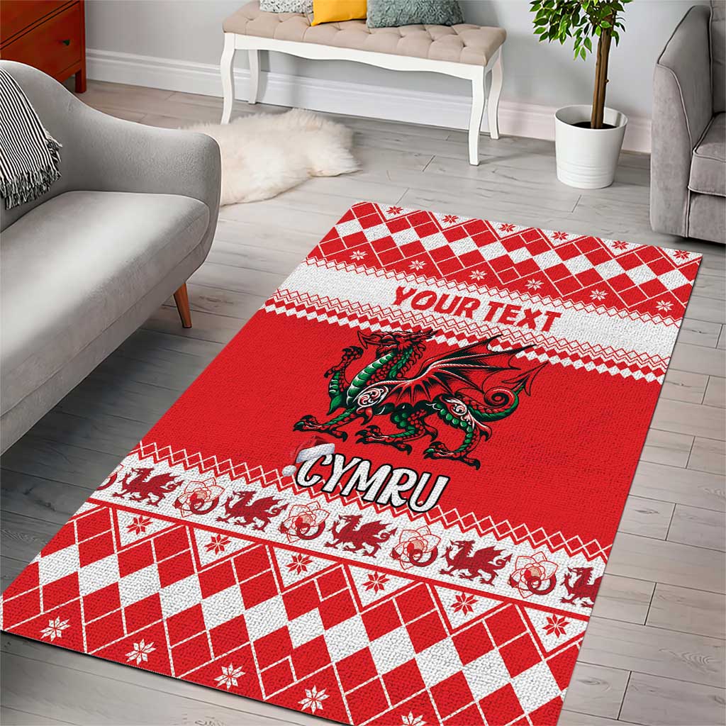 Red Christmas area rug with Welsh dragon, YOUR TEXT strip and CYMRU