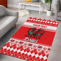 Red Christmas area rug with Welsh dragon, YOUR TEXT strip and CYMRU