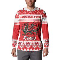 Personalized Wales Christmas Dragon Button Sweatshirt Nadolig Llawen Red Version - Wonder Print Shop