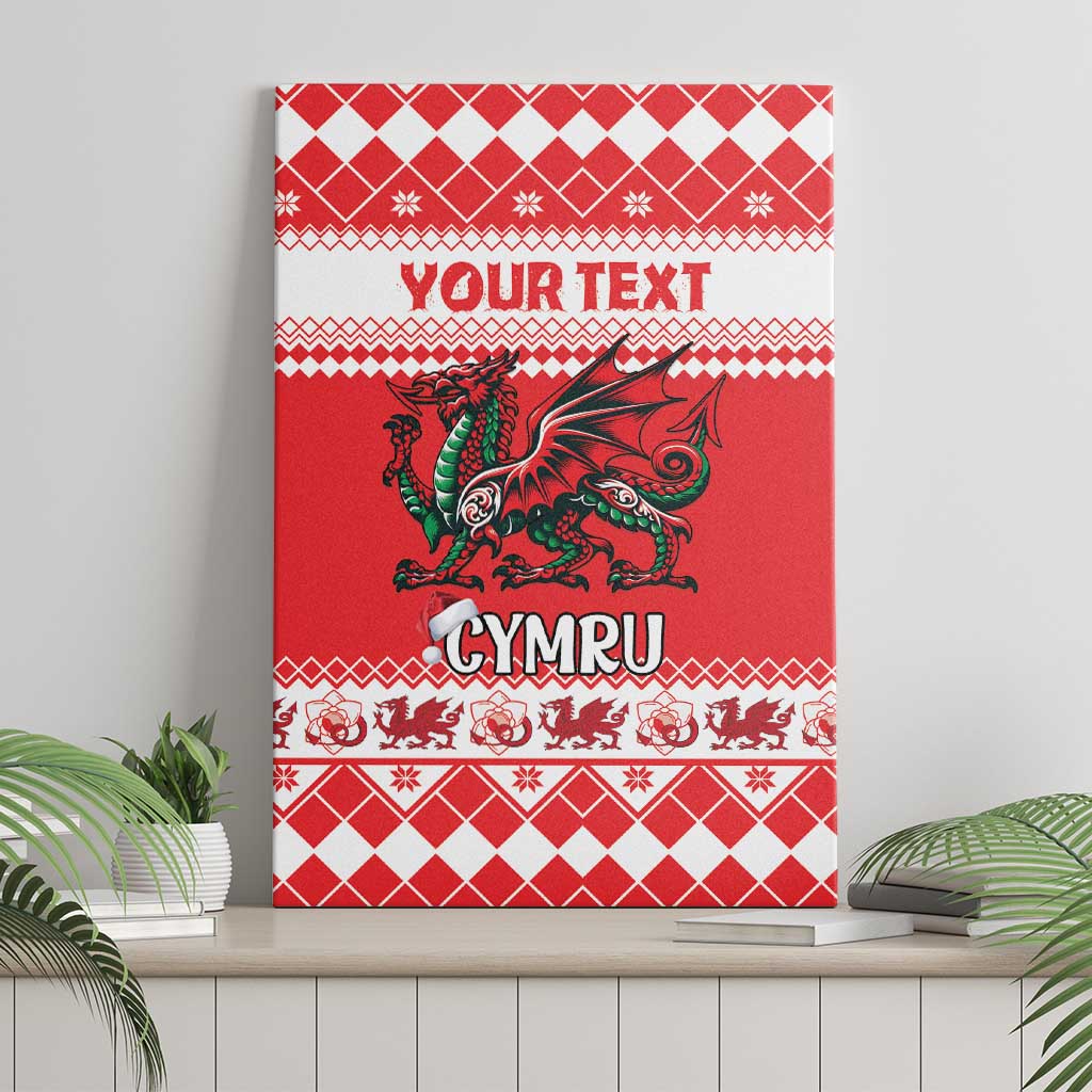Red canvas wall art with centered Welsh dragon, 'YOUR TEXT' banner, and 'CYMRU' text