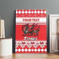 Red canvas wall art panel with dragon illustration, 'YOUR TEXT' banner, and 'CYMRU' wording
