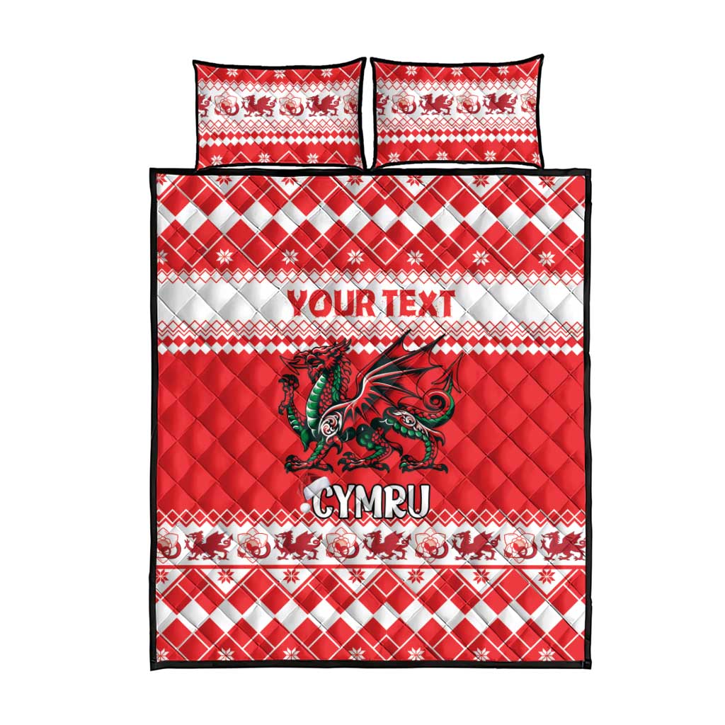 Red quilt bed set with green dragon, CYMRU logo, and white geometric holiday pattern