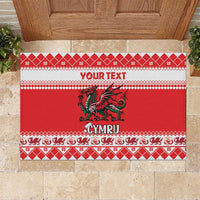 Red rubber doormat with Cymru dragon, red white pattern, Your Text
