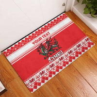 Red rubber doormat with Cymru dragon and Your Text, geometric holiday pattern border