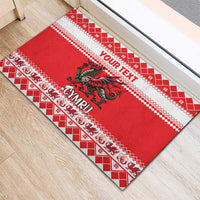 Red rubber doormat with Cymru dragon and Your Text, festive red white border