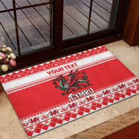 Red rubber doormat with Cymru dragon, Your Text, and red white patterned edge