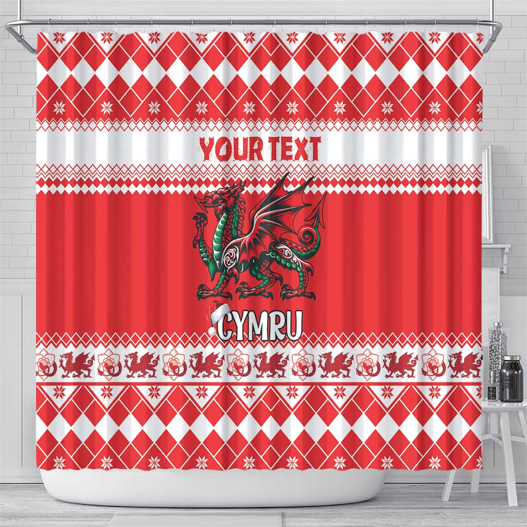 Red Christmas shower curtain, dragon center art with 'YOUR TEXT' and 'CYMRU' header