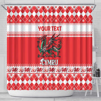 Red Christmas shower curtain, dragon center art with 'YOUR TEXT' and 'CYMRU' header