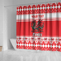 Red and white shower curtain with dragon graphic and 'CYMRU' text in center