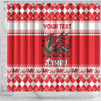 Red Christmas shower curtain with argyle border, 'YOUR TEXT' and 'CYMRU' under dragon