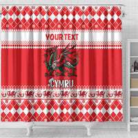 Red Christmas shower curtain with repeating motifs, 'YOUR TEXT' and 'CYMRU' front design