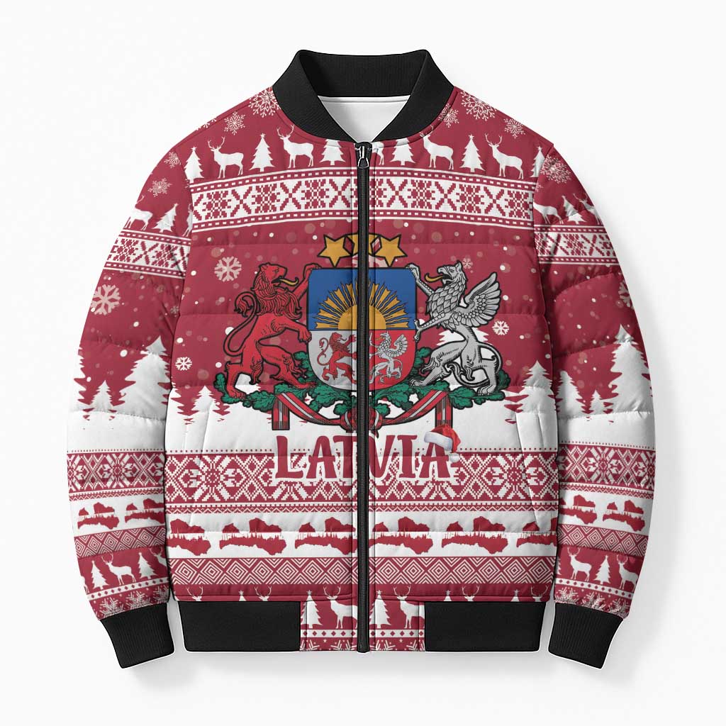 Latvia Christmas Bomber Puffer Jacket Priecigus Ziemassvetkus - Wonder Print Shop