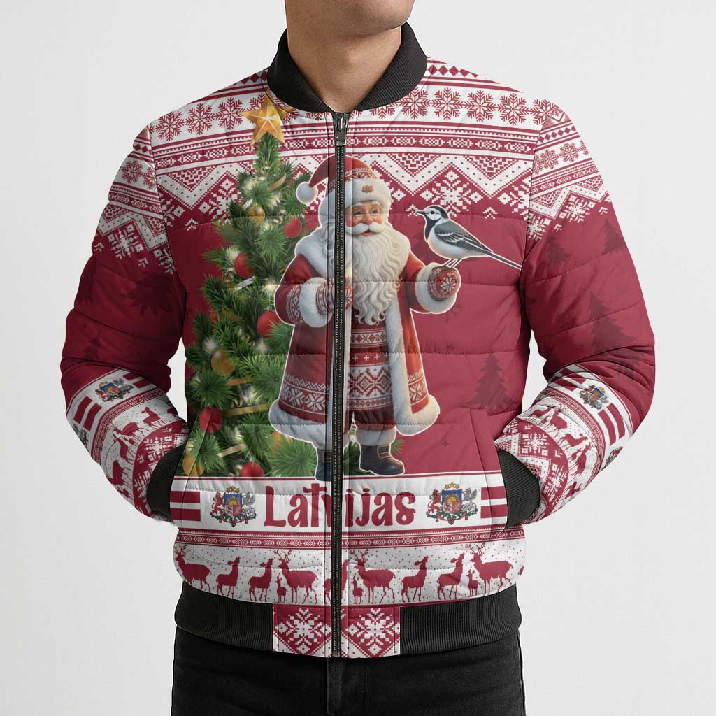 Latvia Christmas Bomber Puffer Jacket Ziemassvetku Vecitis Christmas Pattern - Wonder Print Shop