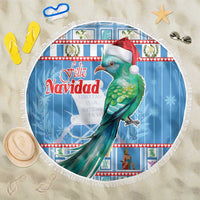 Blue round Christmas beach blanket with green bird and red Santa hat, 150cm fringe edge