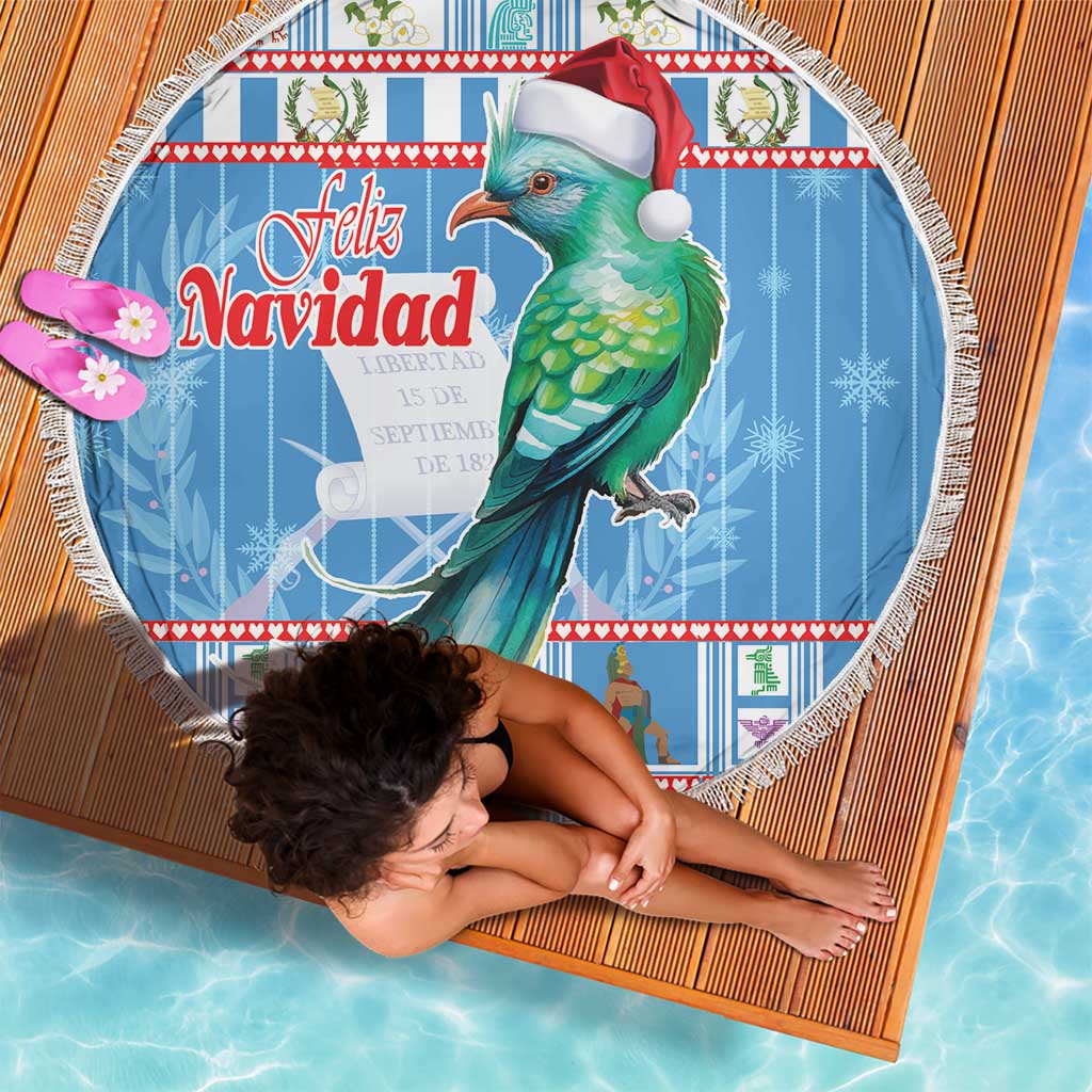 Blue round Christmas beach blanket with green bird, Feliz Navidad print, tassel fringe edge
