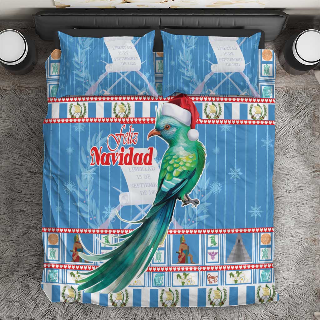 Blue Christmas bedding set with parrot graphic, striped border, and matching pillowcases