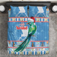 Blue Christmas bedding set with parrot graphic, striped border, and matching pillowcases