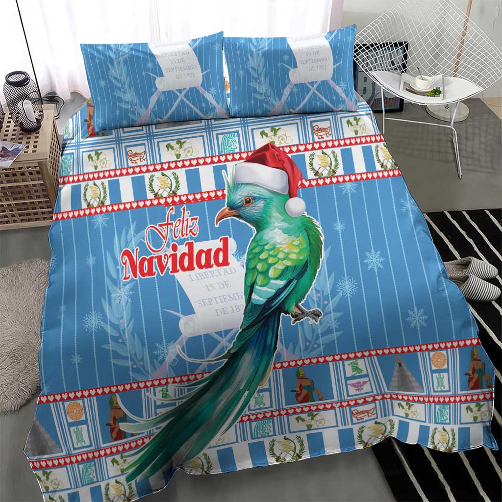 Blue Christmas bedding set with parrot wearing red Santa hat and colorful festive border