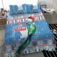 Blue Christmas bedding set with parrot wearing red Santa hat and colorful festive border