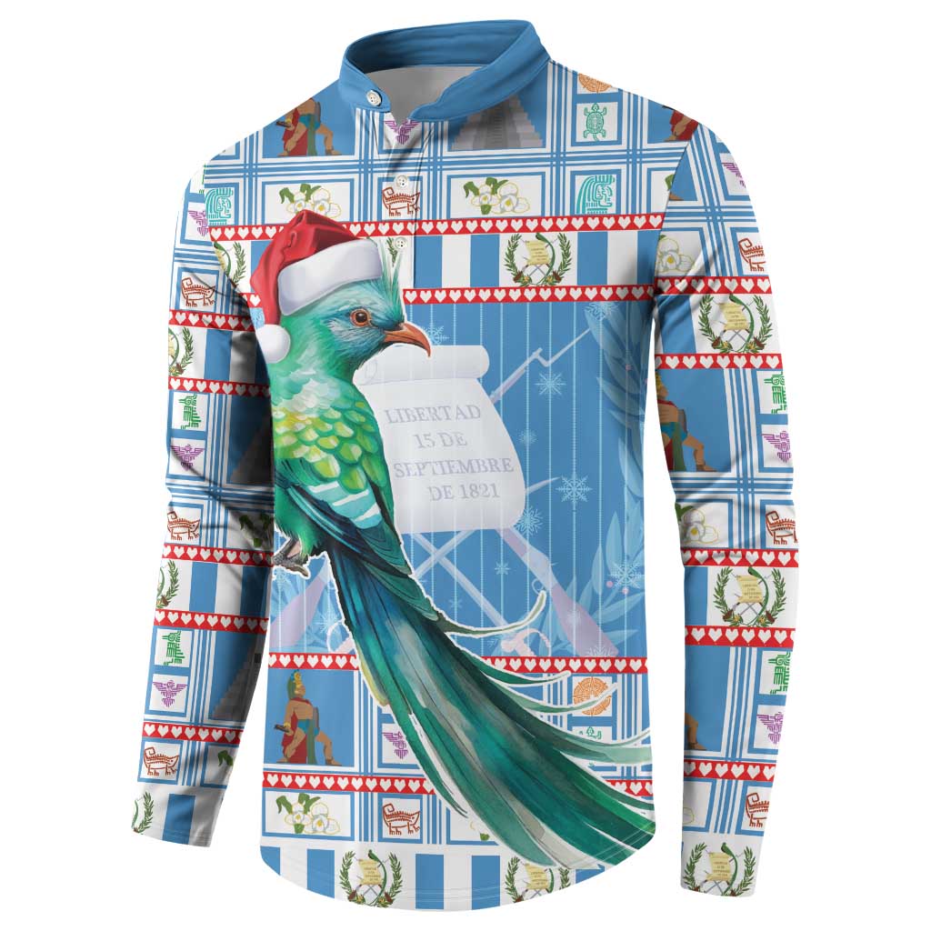 Blue button-front sweatshirt with parrot in red Santa hat, festive tile pattern