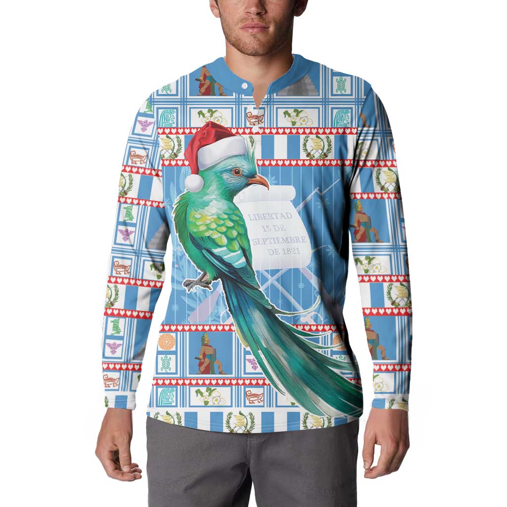 Blue button-front sweatshirt on model, parrot graphic with red Santa hat