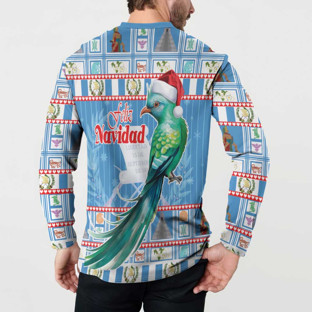 Blue back-view button sweatshirt on model, Feliz Navidad parrot in Santa hat