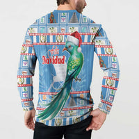 Blue back-view button sweatshirt on model, Feliz Navidad parrot in Santa hat
