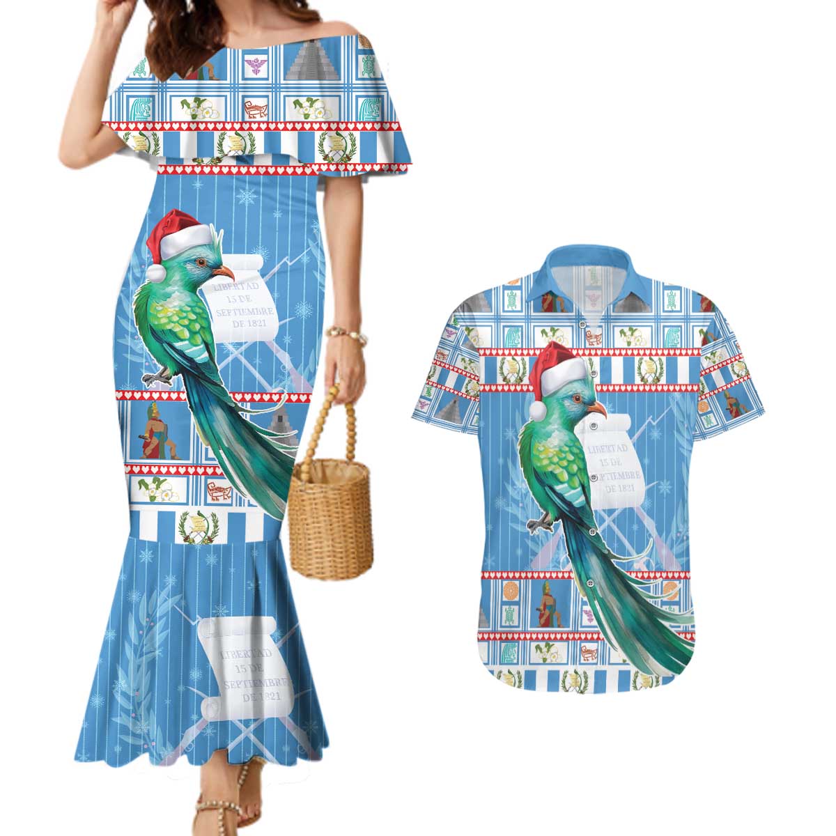 Guatemala Christmas Couples Matching Mermaid Dress and Hawaiian Shirt Resplendent Queztal Libre Crezca Fecundo - Wonder Print Shop