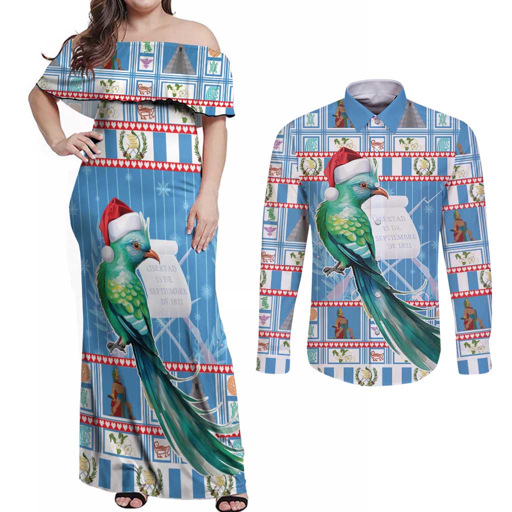 Guatemala Christmas Couples Matching Off Shoulder Maxi Dress and Long Sleeve Button Shirt Resplendent Queztal Libre Crezca Fecundo - Wonder Print Shop