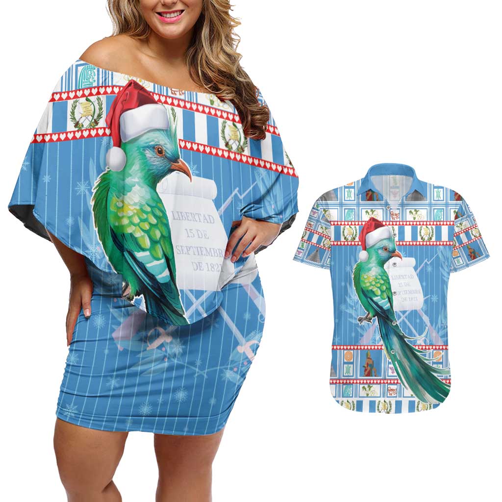 Guatemala Christmas Couples Matching Off Shoulder Short Dress and Hawaiian Shirt Resplendent Queztal Libre Crezca Fecundo - Wonder Print Shop