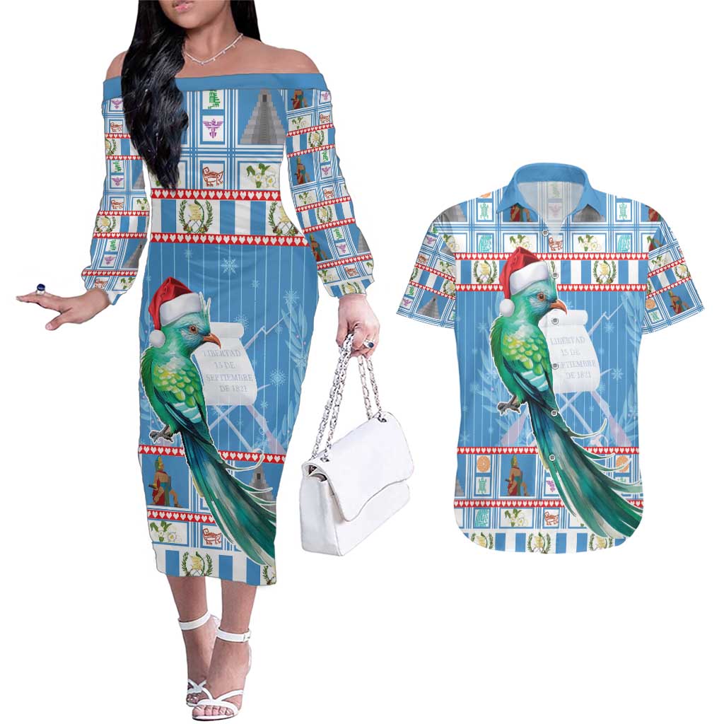 Guatemala Christmas Couples Matching Off The Shoulder Long Sleeve Dress and Hawaiian Shirt Resplendent Queztal Libre Crezca Fecundo - Wonder Print Shop