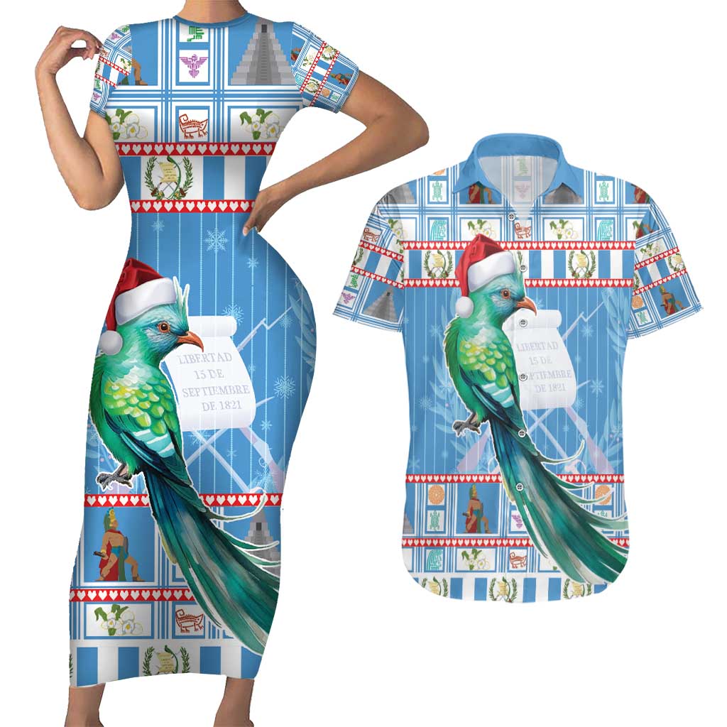 Guatemala Christmas Couples Matching Short Sleeve Bodycon Dress and Hawaiian Shirt Resplendent Queztal Libre Crezca Fecundo - Wonder Print Shop