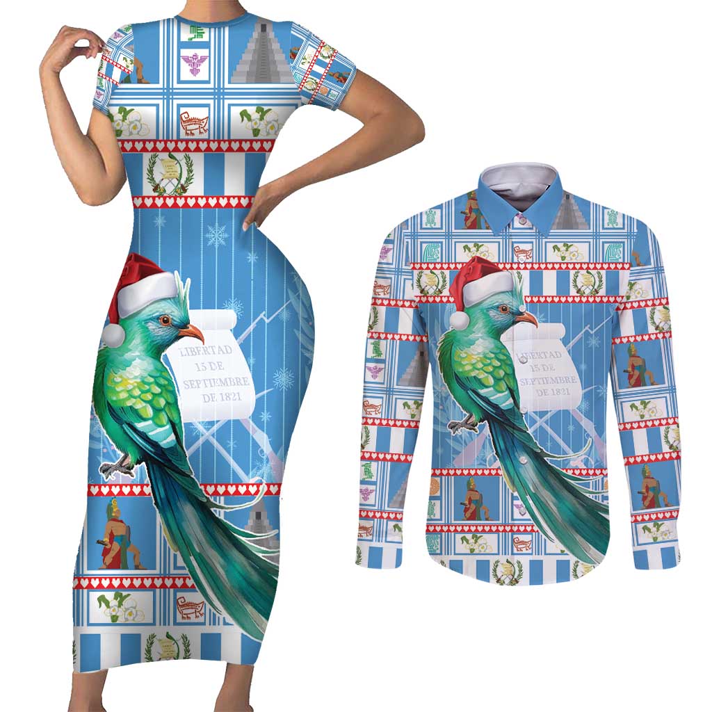 Guatemala Christmas Couples Matching Short Sleeve Bodycon Dress and Long Sleeve Button Shirt Resplendent Queztal Libre Crezca Fecundo - Wonder Print Shop