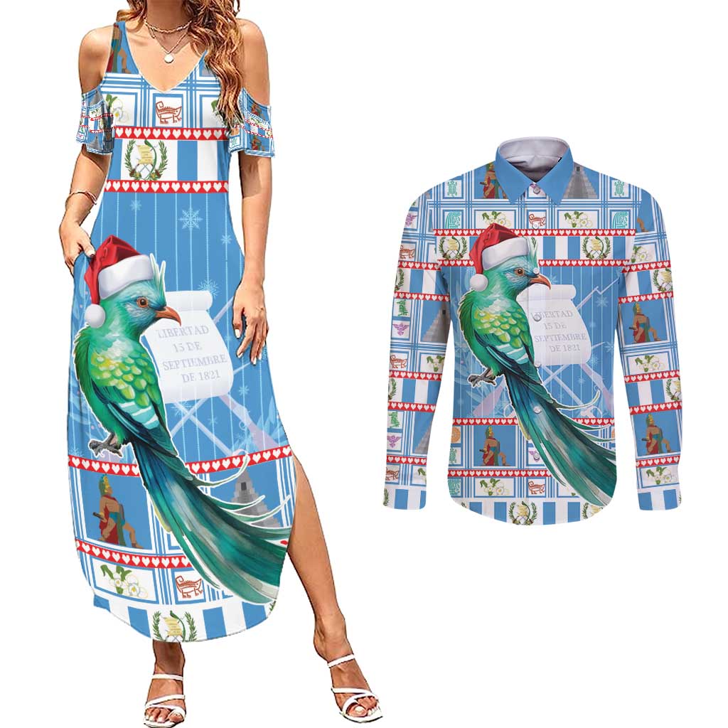 Guatemala Christmas Couples Matching Summer Maxi Dress and Long Sleeve Button Shirt Resplendent Queztal Libre Crezca Fecundo - Wonder Print Shop