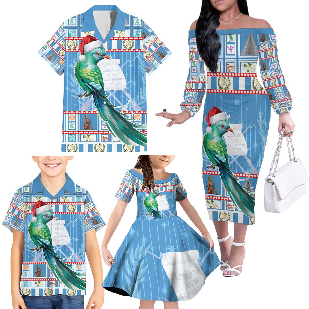 Guatemala Christmas Family Matching Off The Shoulder Long Sleeve Dress and Hawaiian Shirt Resplendent Queztal Libre Crezca Fecundo - Wonder Print Shop