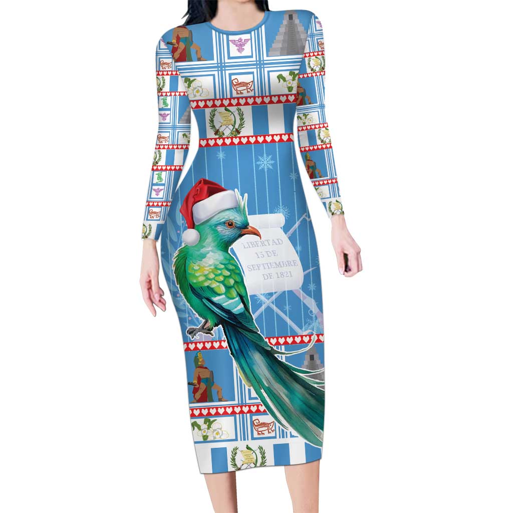 Guatemala Christmas Long Sleeve Bodycon Dress Resplendent Queztal Libre Crezca Fecundo - Wonder Print Shop