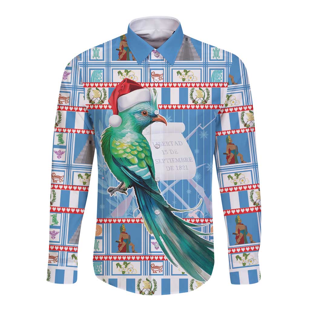 Blue long-sleeve button shirt with green bird and festive holiday pattern
